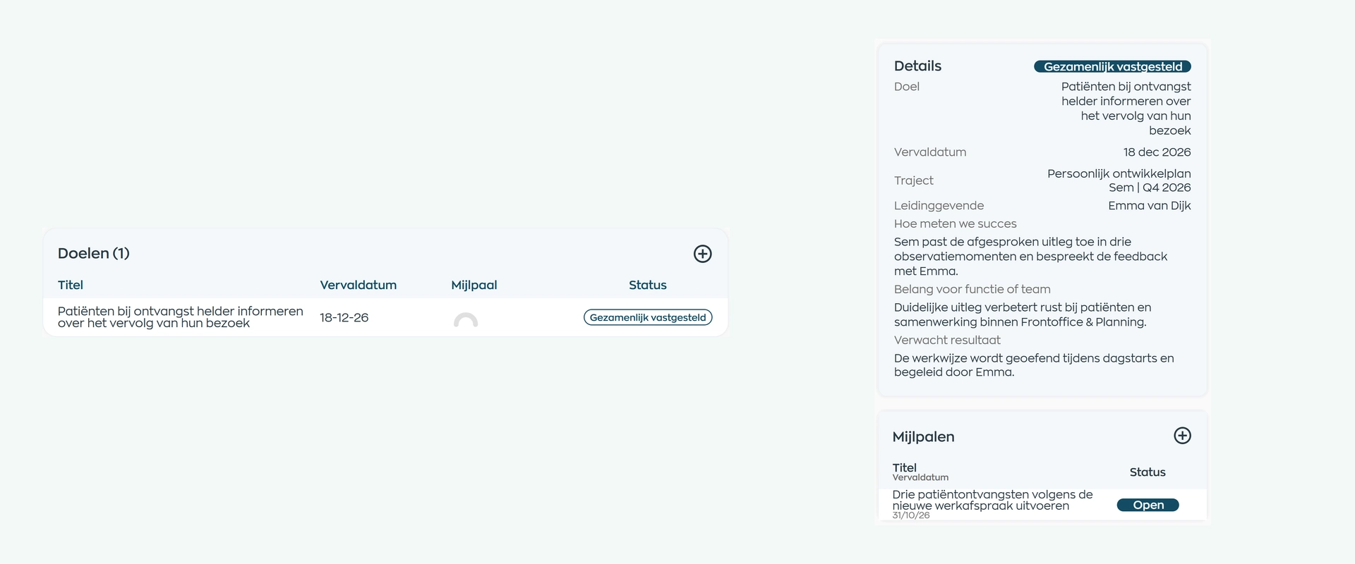 Een gezamenlijk vastgesteld ontwikkeldoel voor Sem Jansen in Office en de Medewerker App, met toelichting en mijlpaal