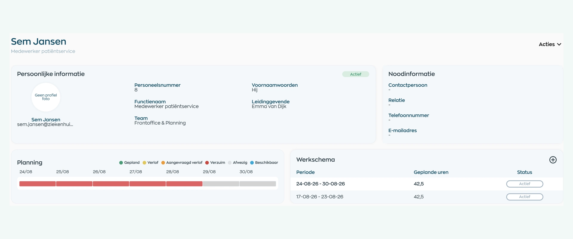 Medewerkerprofiel van Sem Jansen in Office met leidinggevende, team, planning en werkschema